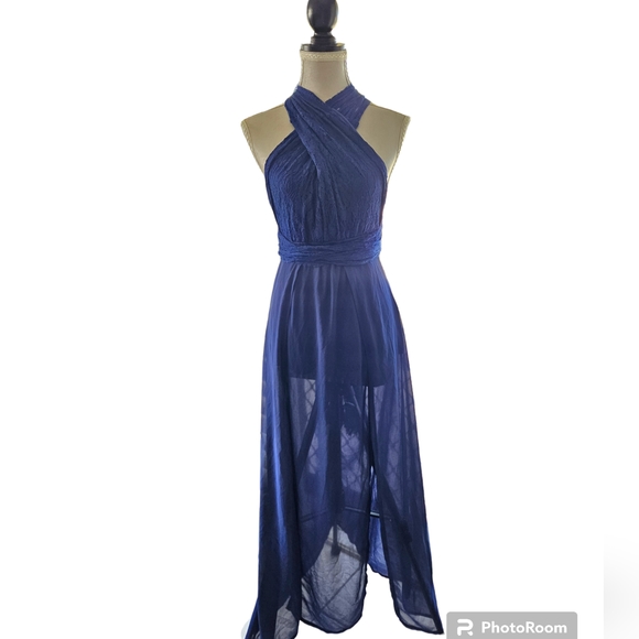 Angel Biba | Navy Infinity Dress | 2 Splits w built-in shorts | Formal | Size 8 - Picture 2 of 4